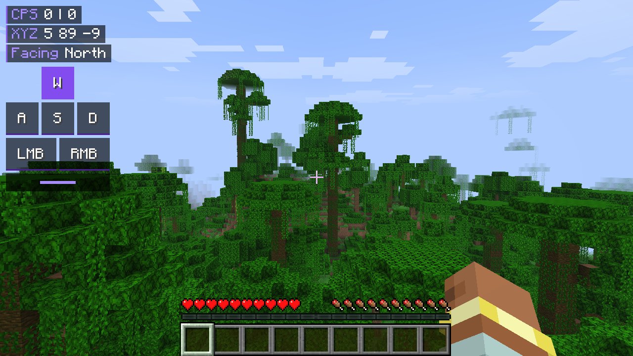Minecraft jungle with the Void Client HUD showing clicks per second, coordinates, facing and a purple keystrokes display