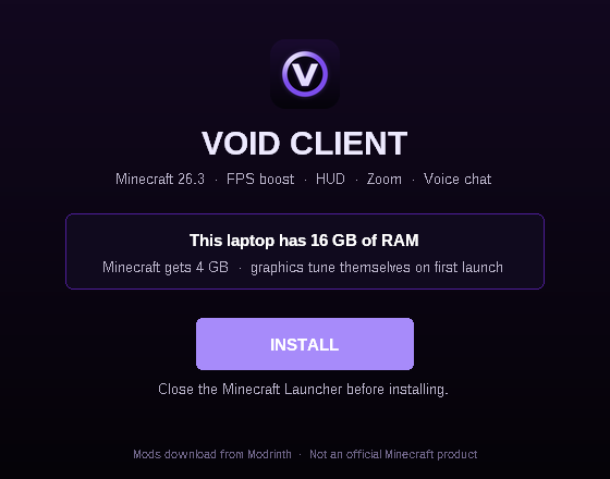 The Void Client installer window with a purple Install button