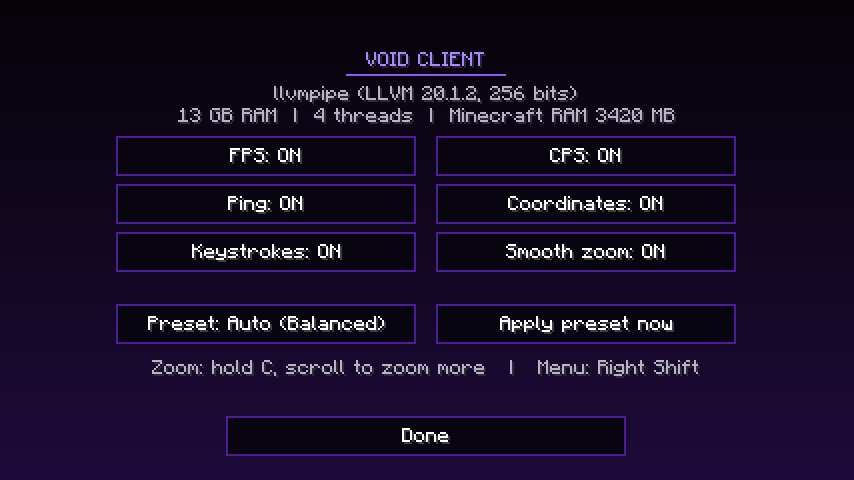 The Void Client menu with toggles for FPS, CPS, ping, coordinates, keystrokes, smooth zoom and the performance preset